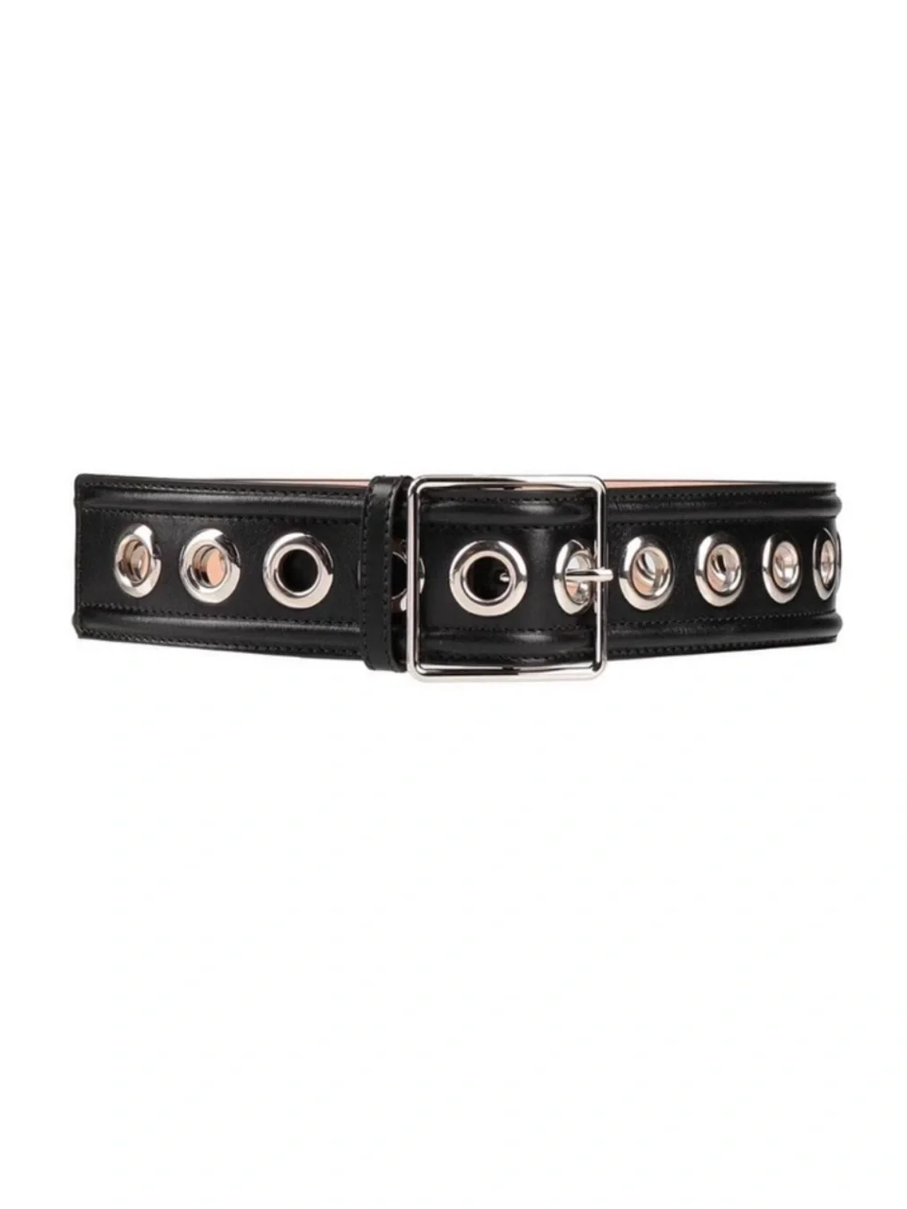 Alexander McQueen NEW Black Calf Leather Eyelet Studded Belt w Silver Hardware